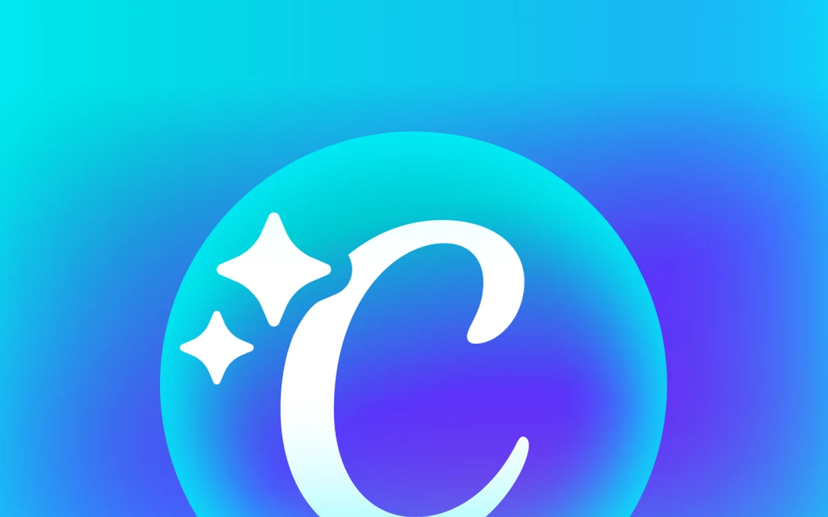 Canva AI 2.0 logo, a white C with sparkles inside a glowing circle