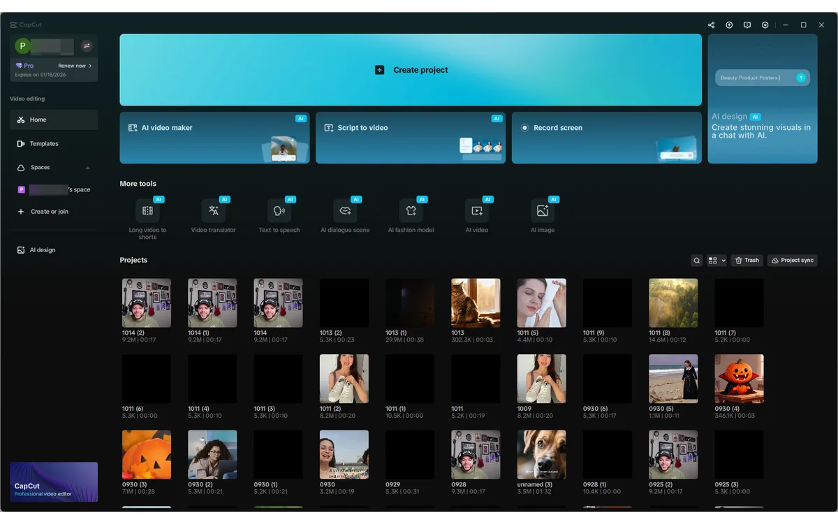 CapCut desktop home screen showing AI editing tools and recent projects