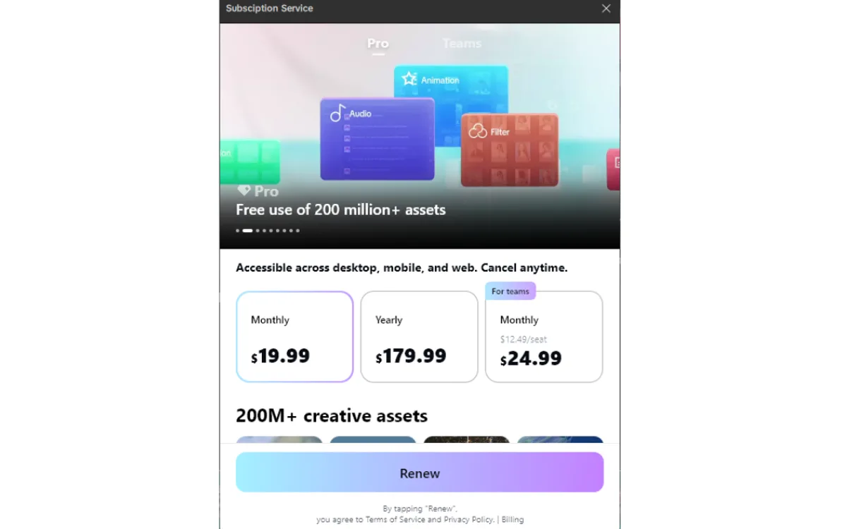 CapCut mobile subscription screen showing monthly and yearly Pro plan options