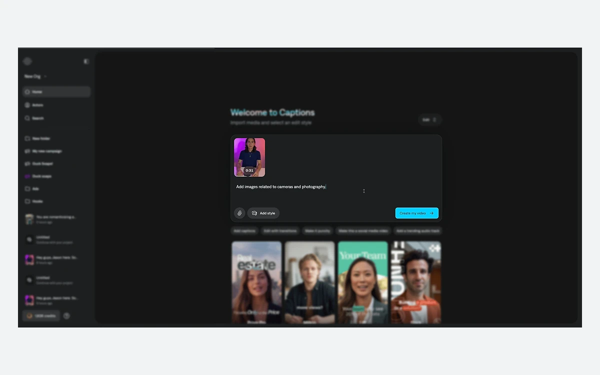 Captions web AI Edit prompt with an uploaded 31-second clip, a typed request and the Create my video button