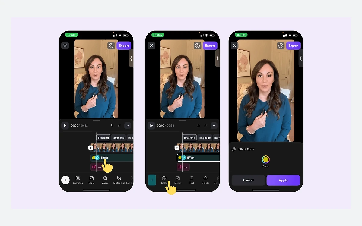 Captions iPhone editor with a talking-head video, caption and effect tracks on the timeline, and the Effect Color picker