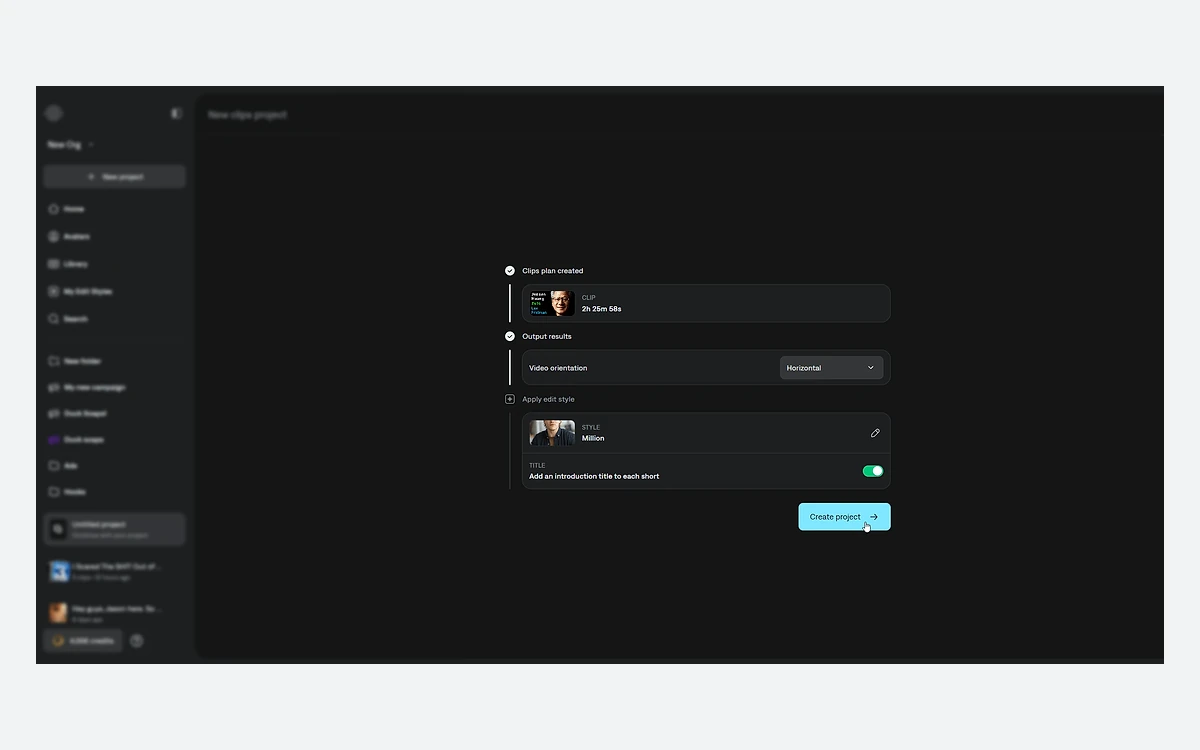 Captions web Clips plan for a 2h 25m source video with orientation, edit style and intro title options