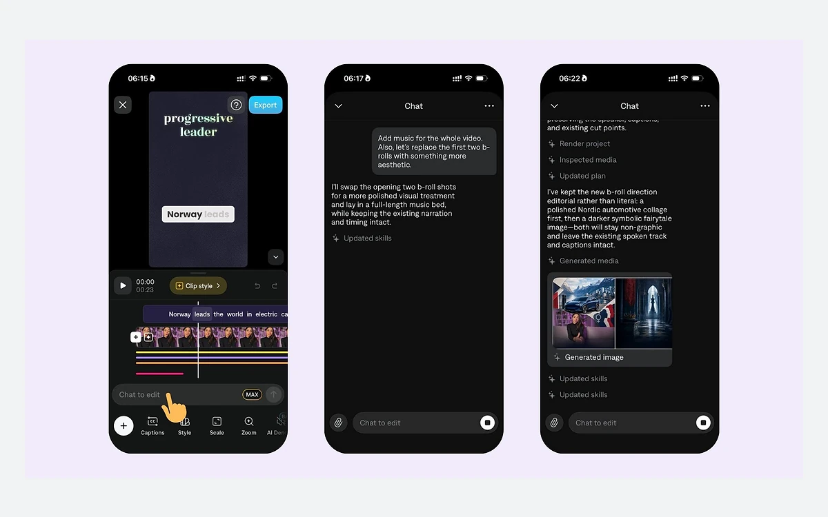 Captions Chat to Edit on iPhone: the chat box under the timeline, a request to add music and replace B-roll, and the AI reply with a generated image