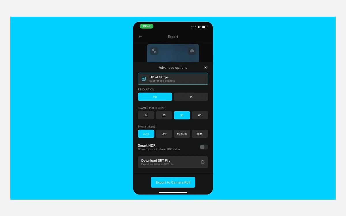 Captions iOS export screen with HD or 4K resolution, frame rate, bitrate, Smart HDR and SRT download options