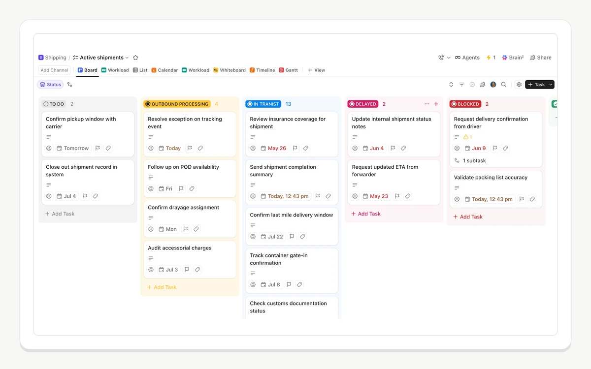 A ClickUp Board view for a shipping team, with tasks grouped into To Do, Outbound Processing, In Transit, Delayed and Blocked columns