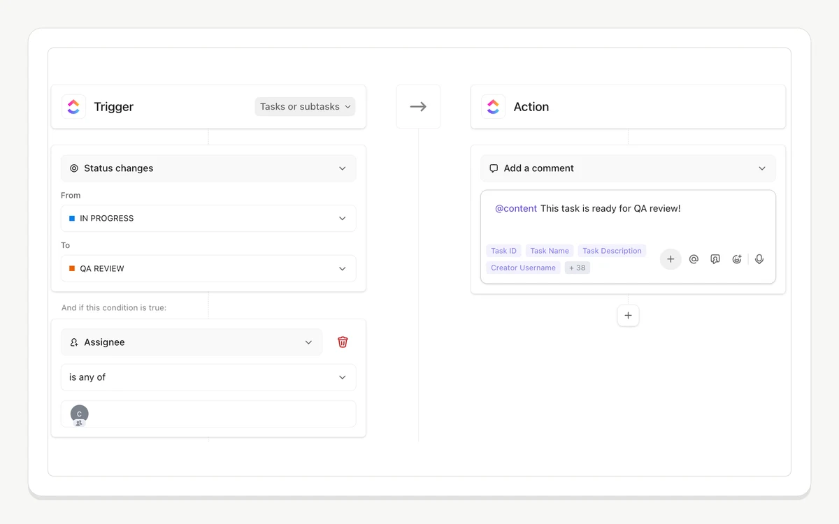 The ClickUp automation builder showing a trigger when status changes from In Progress to QA Review, a condition on assignee, and an action that adds a comment