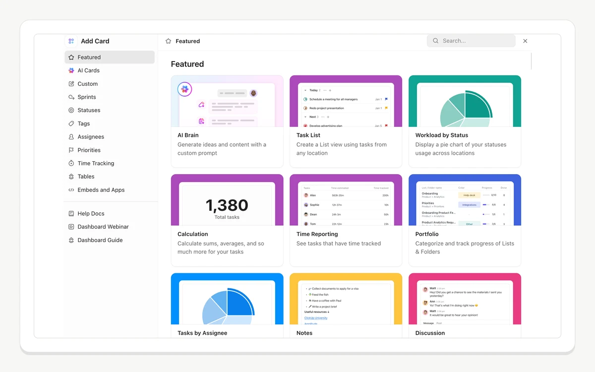 The ClickUp Add Card gallery for Dashboards, showing AI Brain, Task List, Workload by Status, Calculation, Time Reporting and Portfolio cards