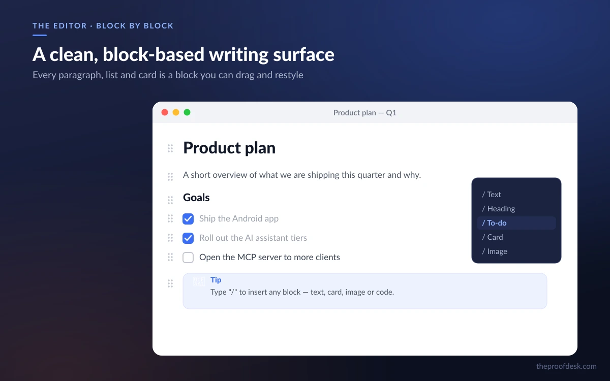 Craft document editor showing the block-based interface with a clean, formatted layout