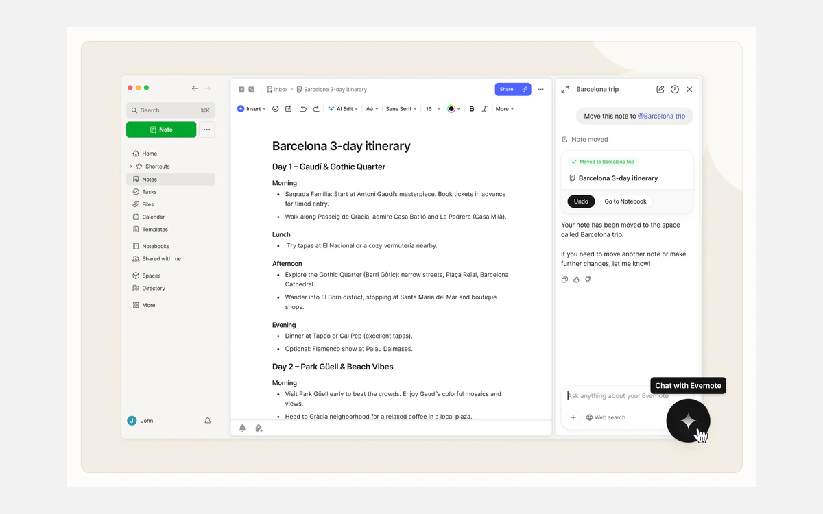 Evernote v11 note editor with the AI Assistant chat panel open beside a note and the sidebar showing Home, Notes, Tasks, Calendar and Spaces