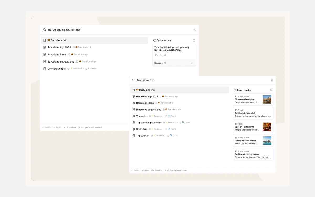 Evernote Semantic Search results page showing a Quick answer summary above a list of Smart results