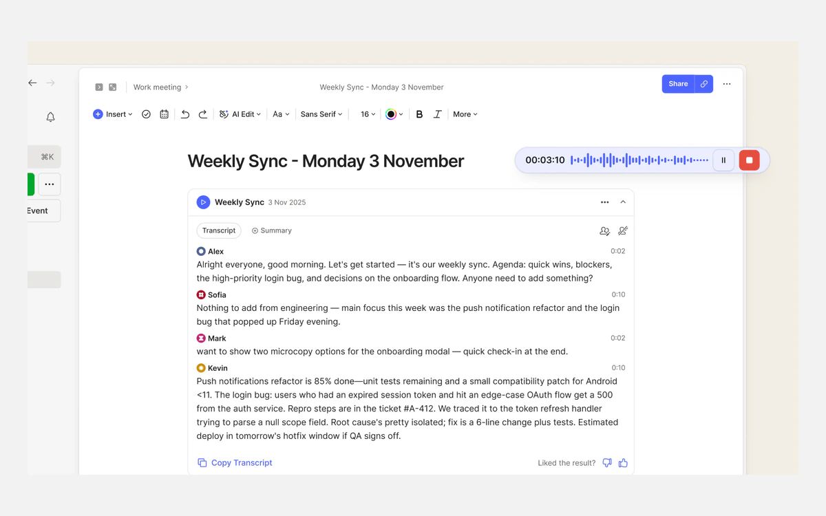 Evernote AI Meeting Notes recording bar above a live transcript with separate speaker labels