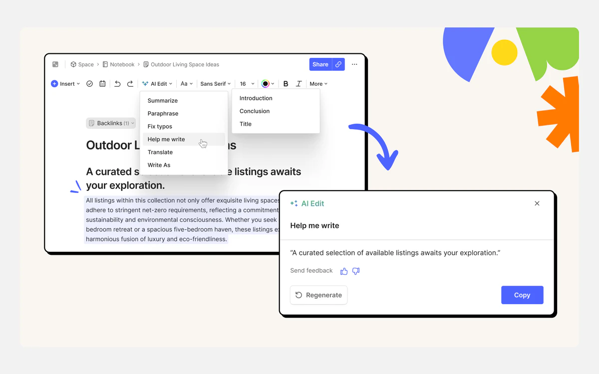 Evernote AI Edit menu listing Summarize, Paraphrase, Fix typos, Help me write and Translate, with a generated result panel