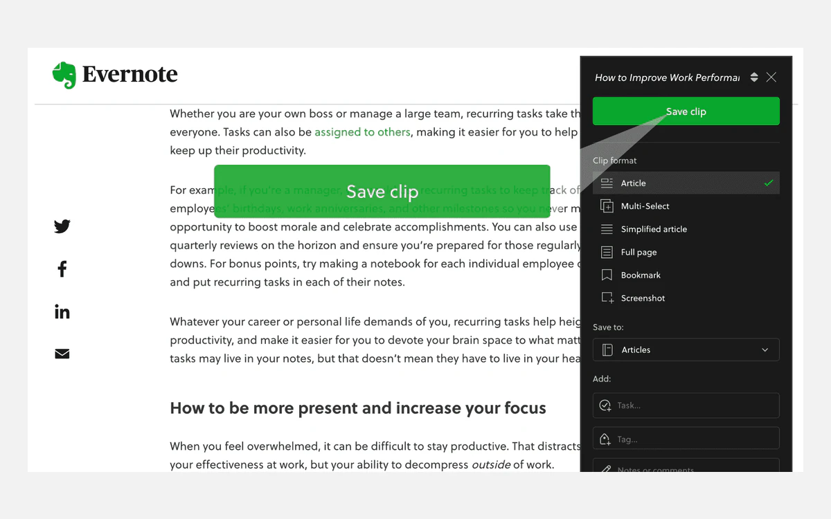 Evernote Web Clipper panel with clip format options, a Save to notebook picker and task and tag fields