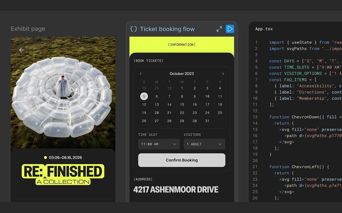 Figma canvas showing a web page design next to its React code layer