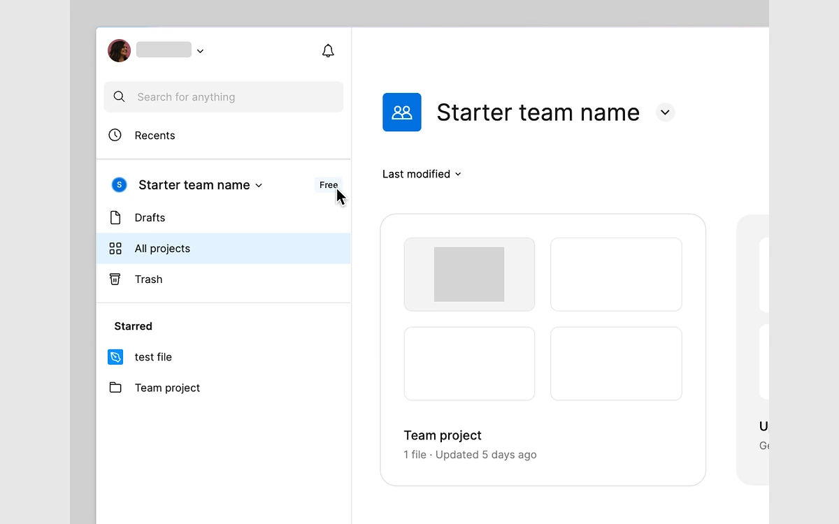 Figma file browser showing the Free badge next to a Starter team name with the upgrade option