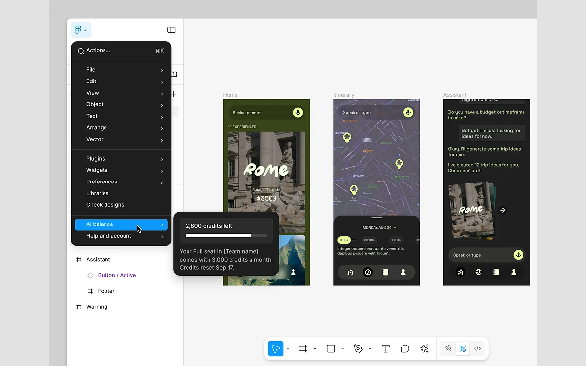 Figma editor main menu with AI balance open, showing 2,800 credits left of a Full seat allowance of 3,000 a month