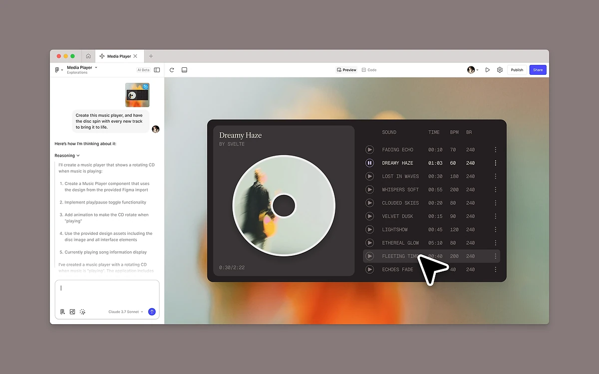 Figma Make chat panel with a prompt on the left and a generated music player app preview on the right