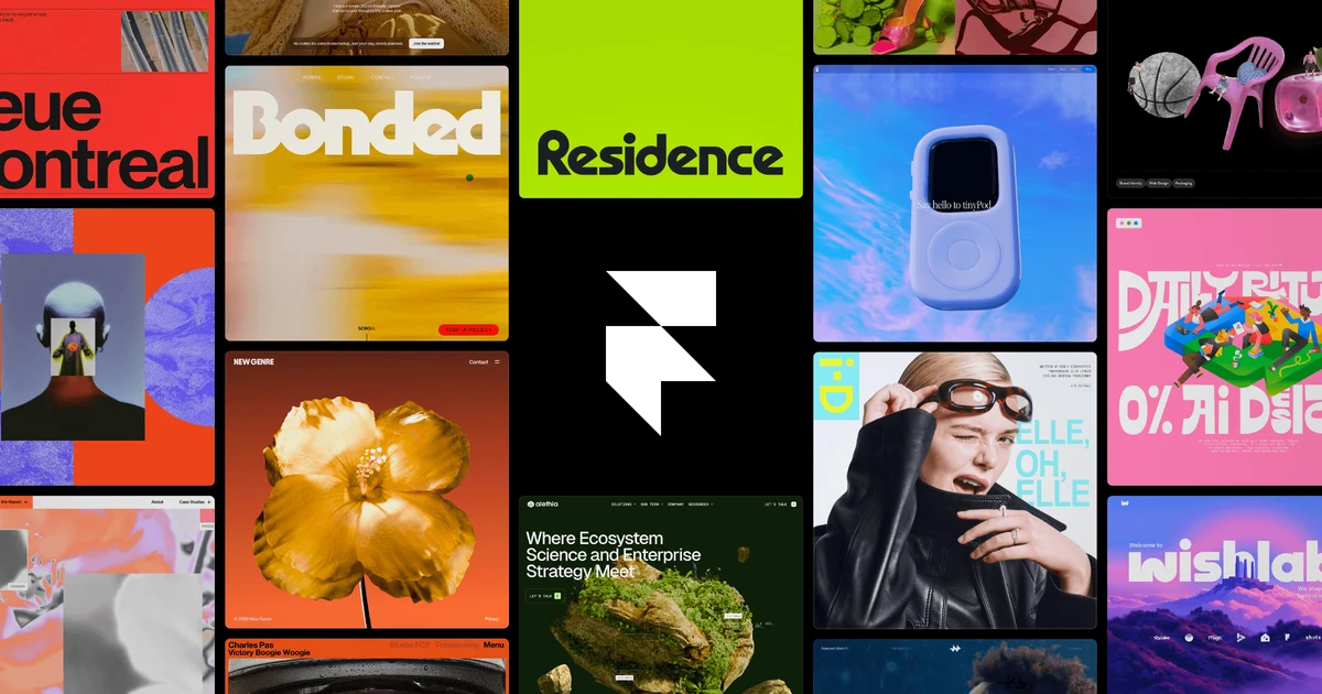 Framer logo on black surrounded by a mosaic of colourful websites built with Framer
