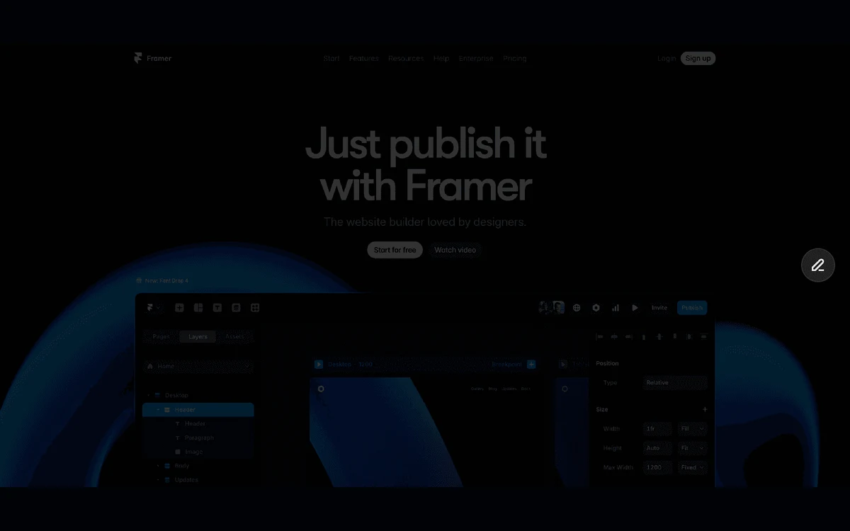 Framer homepage reading Just publish it with Framer above the editor with its Layers panel, canvas and properties panel