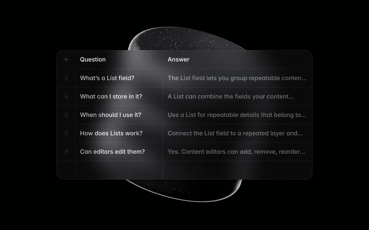 Framer CMS table with Question and Answer columns showing rows such as What's a List field and Can editors edit them