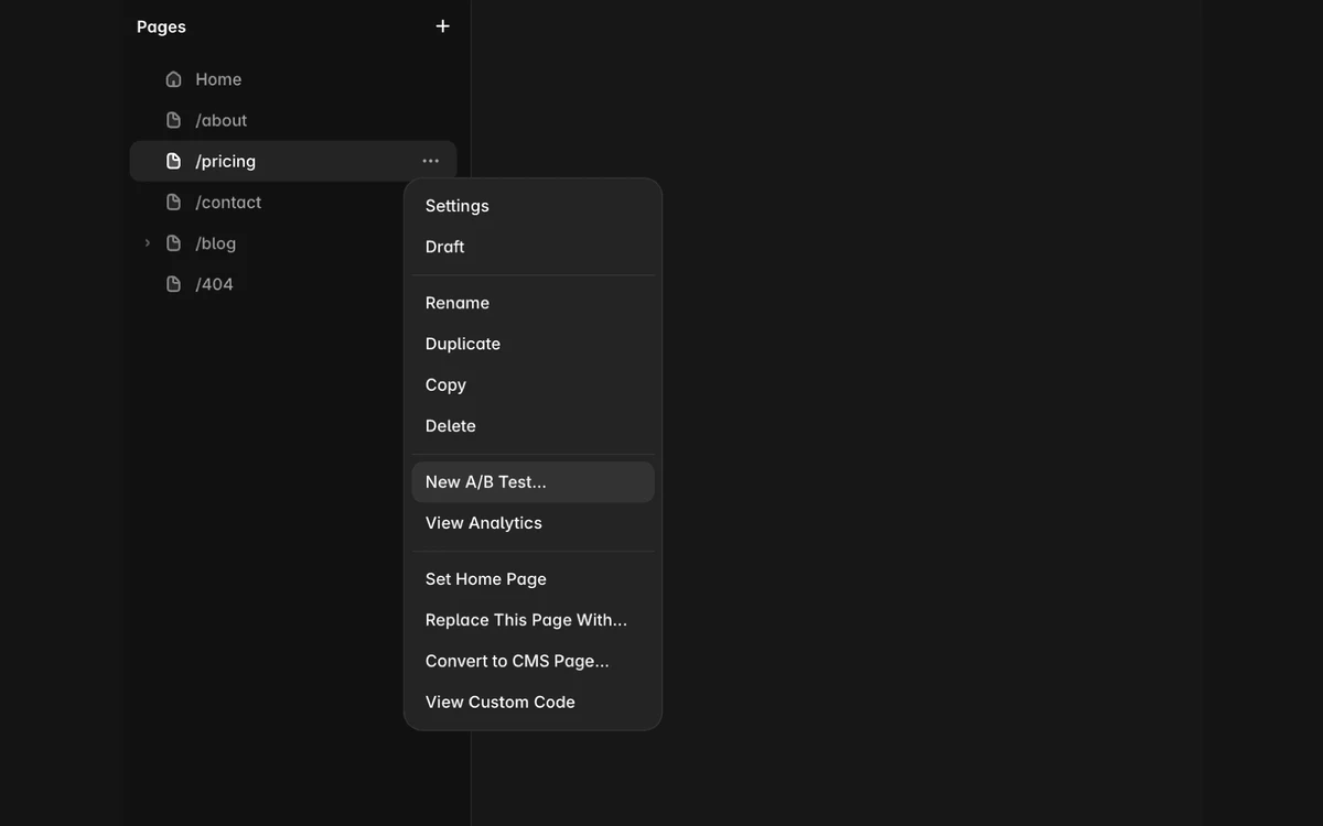 Framer Pages panel with a page context menu showing New A/B Test and View Analytics