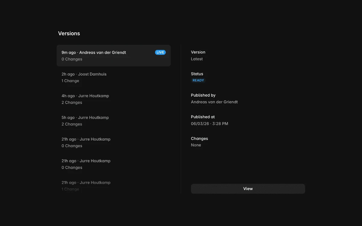 Framer Versions panel listing published versions with a LIVE badge, READY status, publisher and publish time