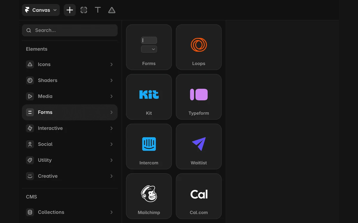 Framer Insert panel on the Forms category listing Forms, Loops, Kit, Typeform, Intercom, Waitlist, Mailchimp and Cal.com
