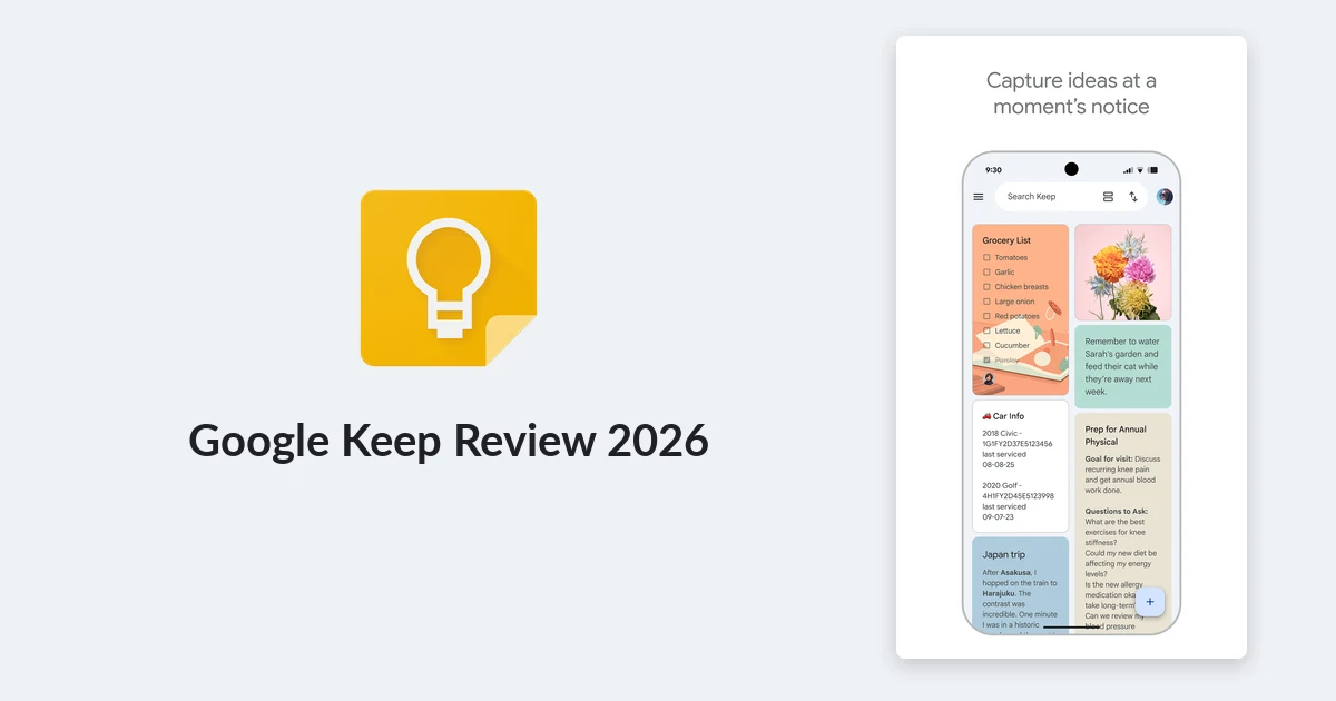 Google Keep logo next to the Keep Android app showing color-coded notes and a checklist