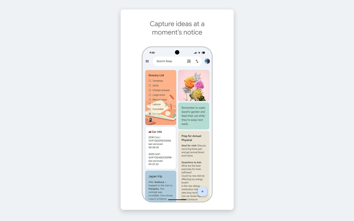 Google Keep Android home screen showing a grocery checklist, an image note and several color-coded note cards