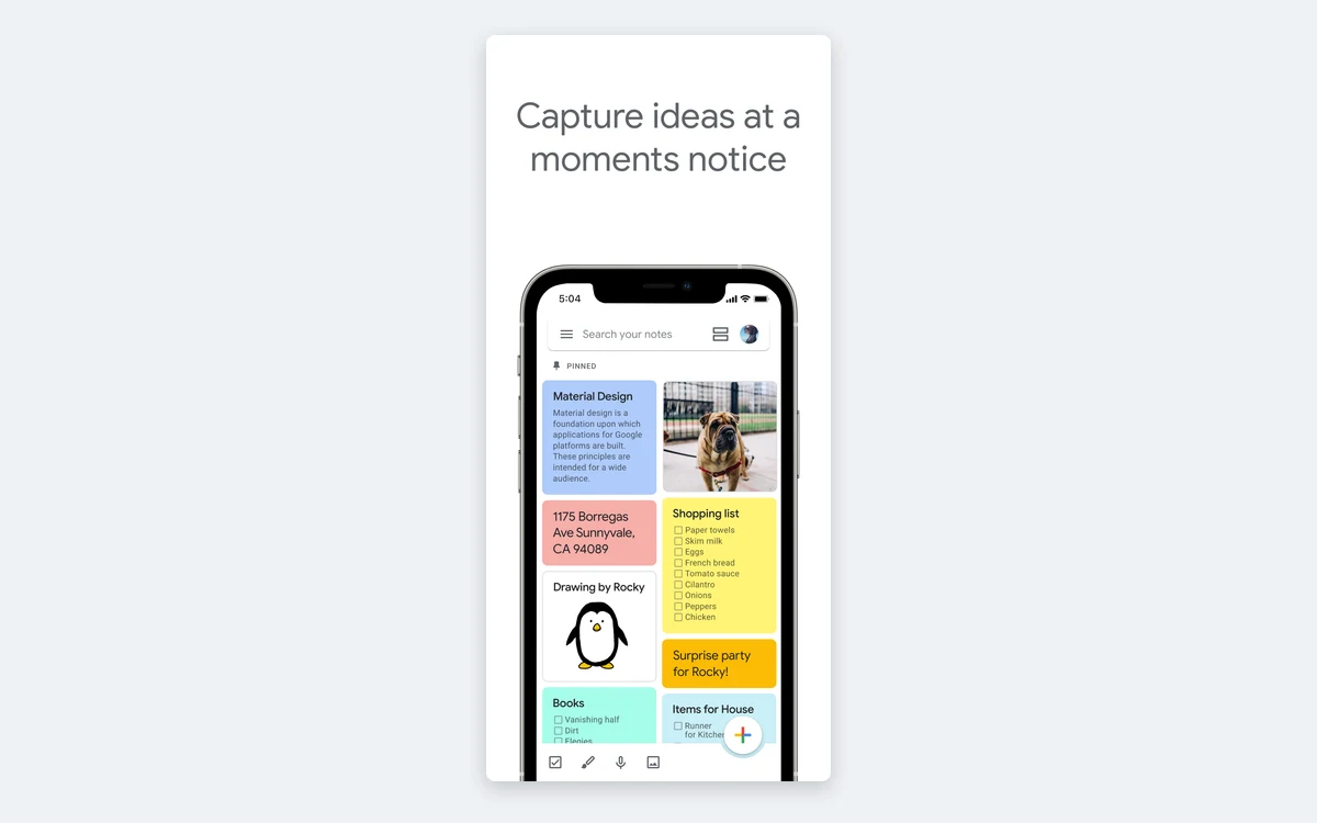 Google Keep iPhone home grid with pinned colored notes, a drawing note and a shopping list