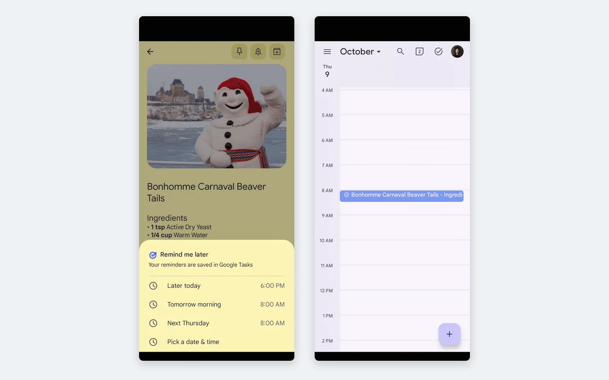 Two frames from Google's animation: a Keep note with a Remind me later sheet saying reminders are saved in Google Tasks, and the same note shown as an 8 AM task in Google Calendar
