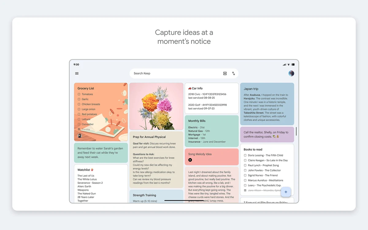 Google Keep on an Android tablet showing a wide grid of notes including a grocery list, monthly bills, a Japan trip note and a Song Melody Idea voice note