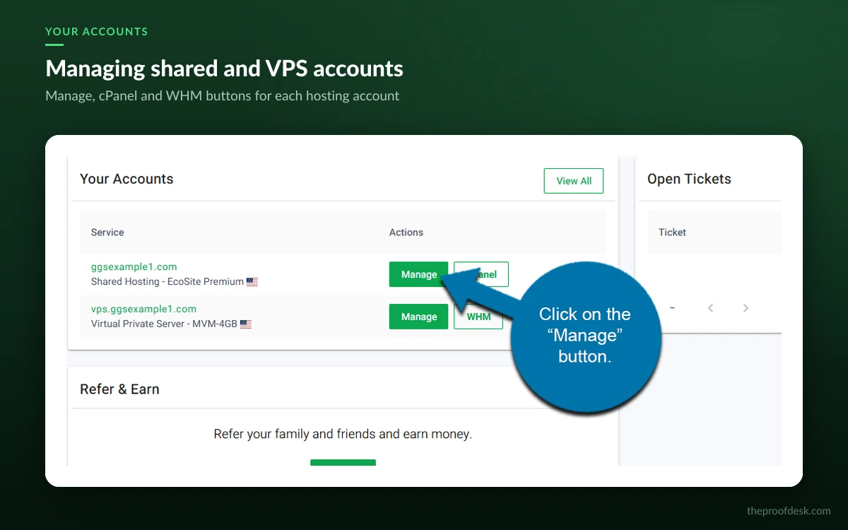 GreenGeeks dashboard account list showing a shared hosting account and a VPS account, each with Manage, cPanel and WHM buttons