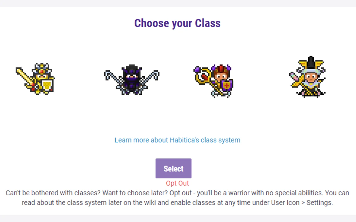 Habitica's in-app pop-up prompting the player to choose a class at level 10