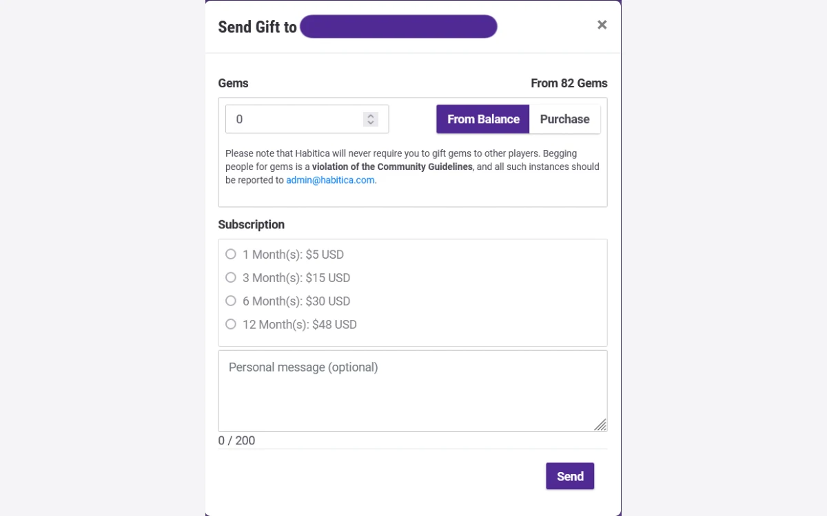 Habitica's web interface for gifting Gems and subscriptions to another player