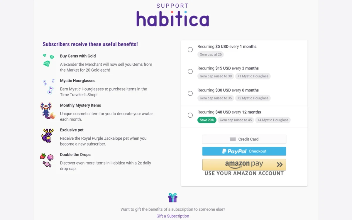Habitica's subscription information screen showing an active subscriber's status