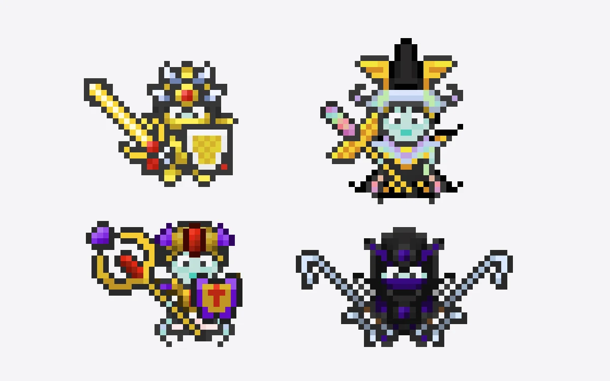 The four Habitica classes shown as pixel-art characters in their gear