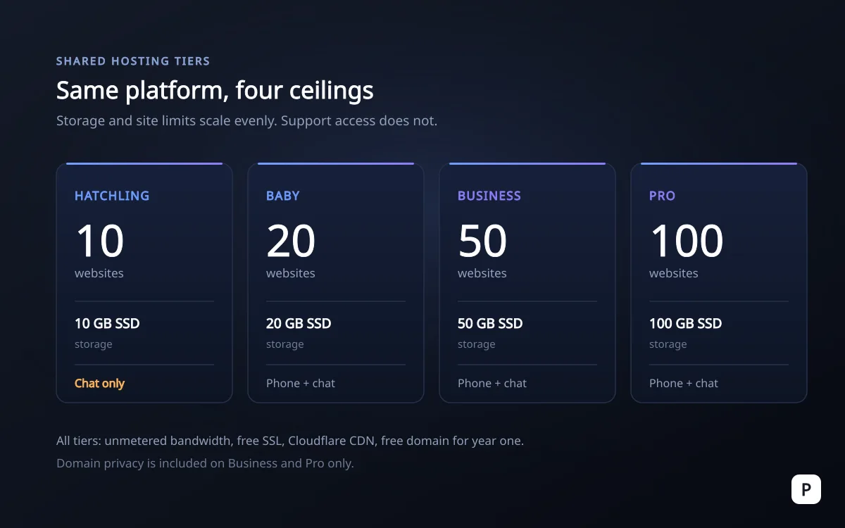 Four shared hosting tiers compared by websites, storage and support channel
