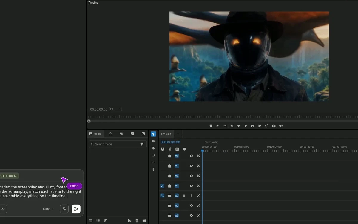 The Invideo AI editor showing an AI generation panel building video from a prompt