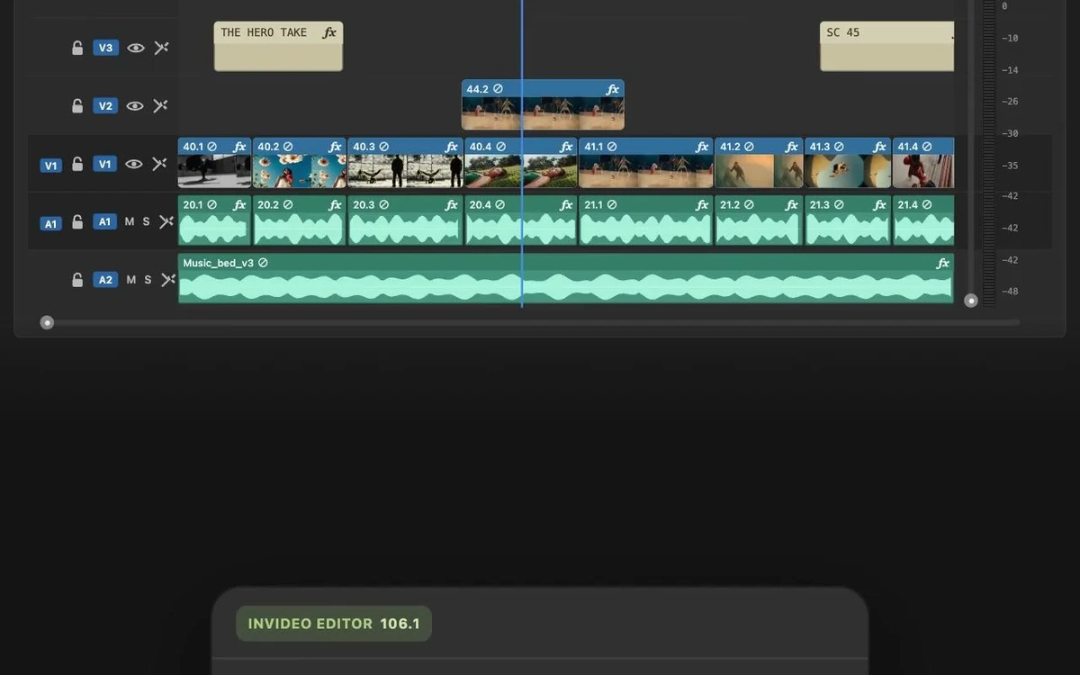 The Invideo AI timeline editor with colour and audio tools