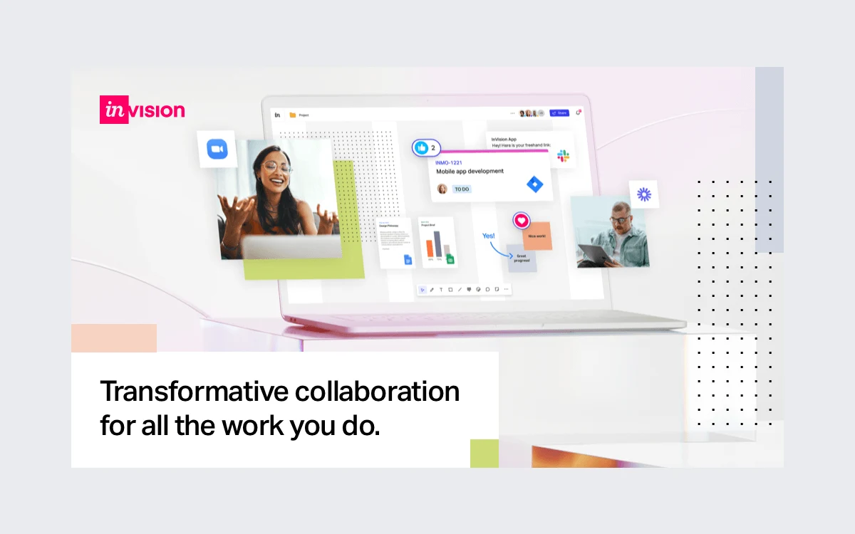 InVision homepage from December 2023 showing a laptop with a Freehand board, sticky notes and a Jira card, under the headline Transformative collaboration for all the work you do