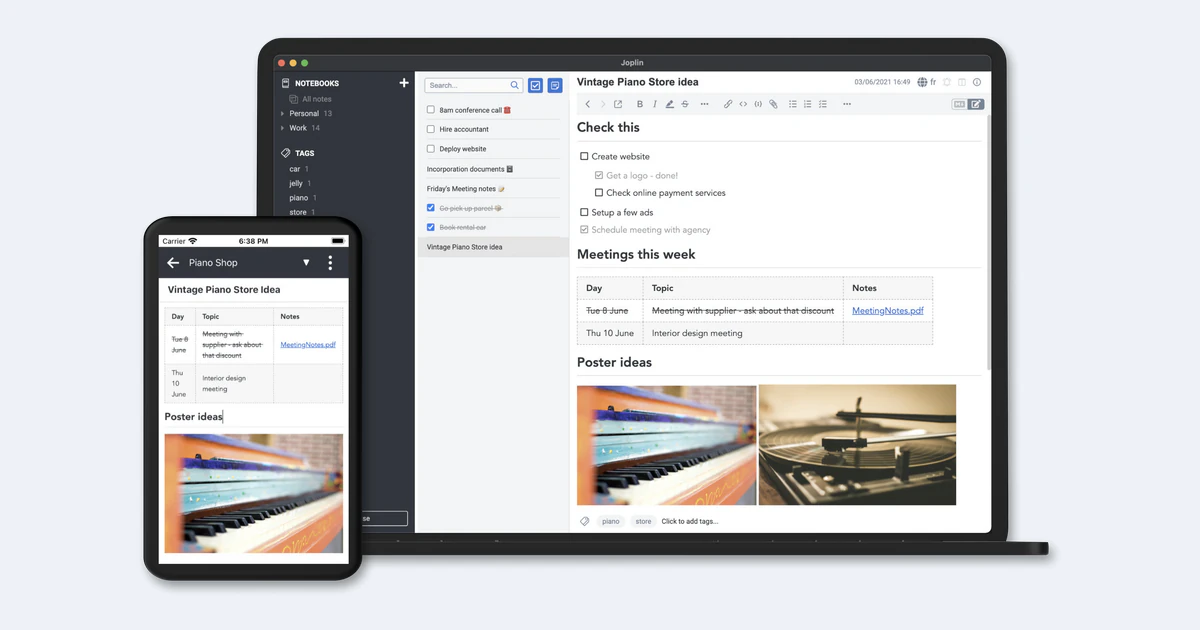 Joplin note-taking app on a desktop computer and a phone
