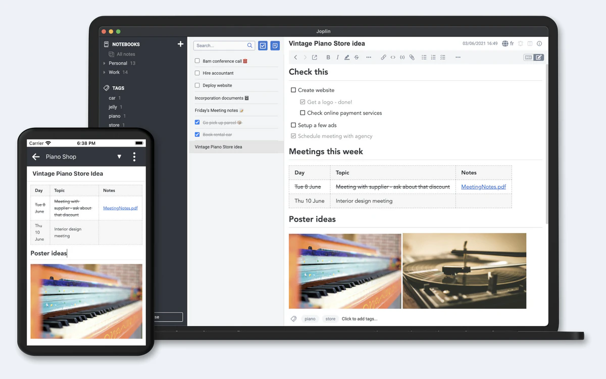 Joplin desktop app with a notebook sidebar, a to-do list and a note containing a table and images, next to a phone showing the mobile app