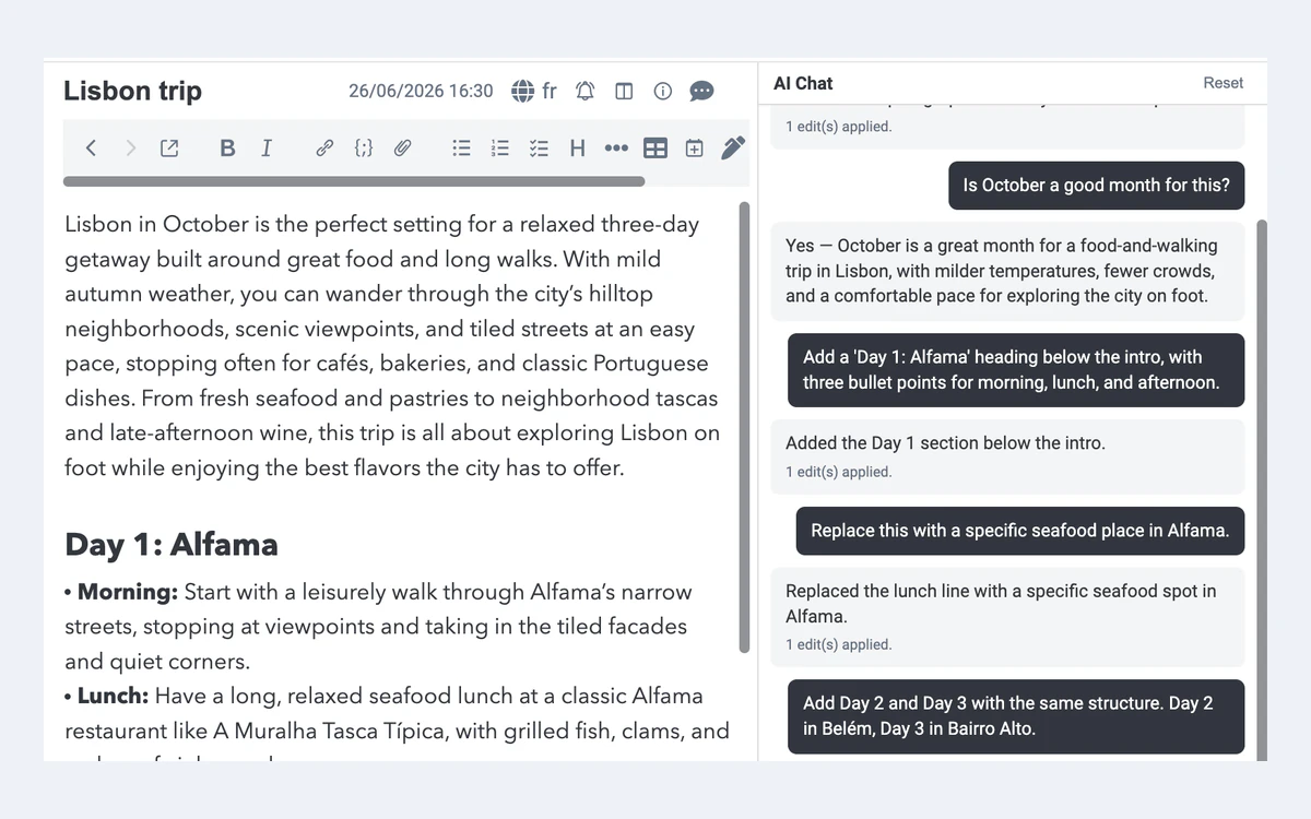 Joplin 3.7 AI Chat panel open beside a Lisbon trip note, showing messages that report edits applied to the note