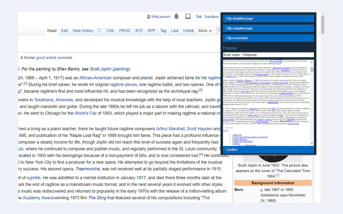 Joplin Web Clipper popup over a web page with buttons to clip a simplified page, a complete page or a screenshot