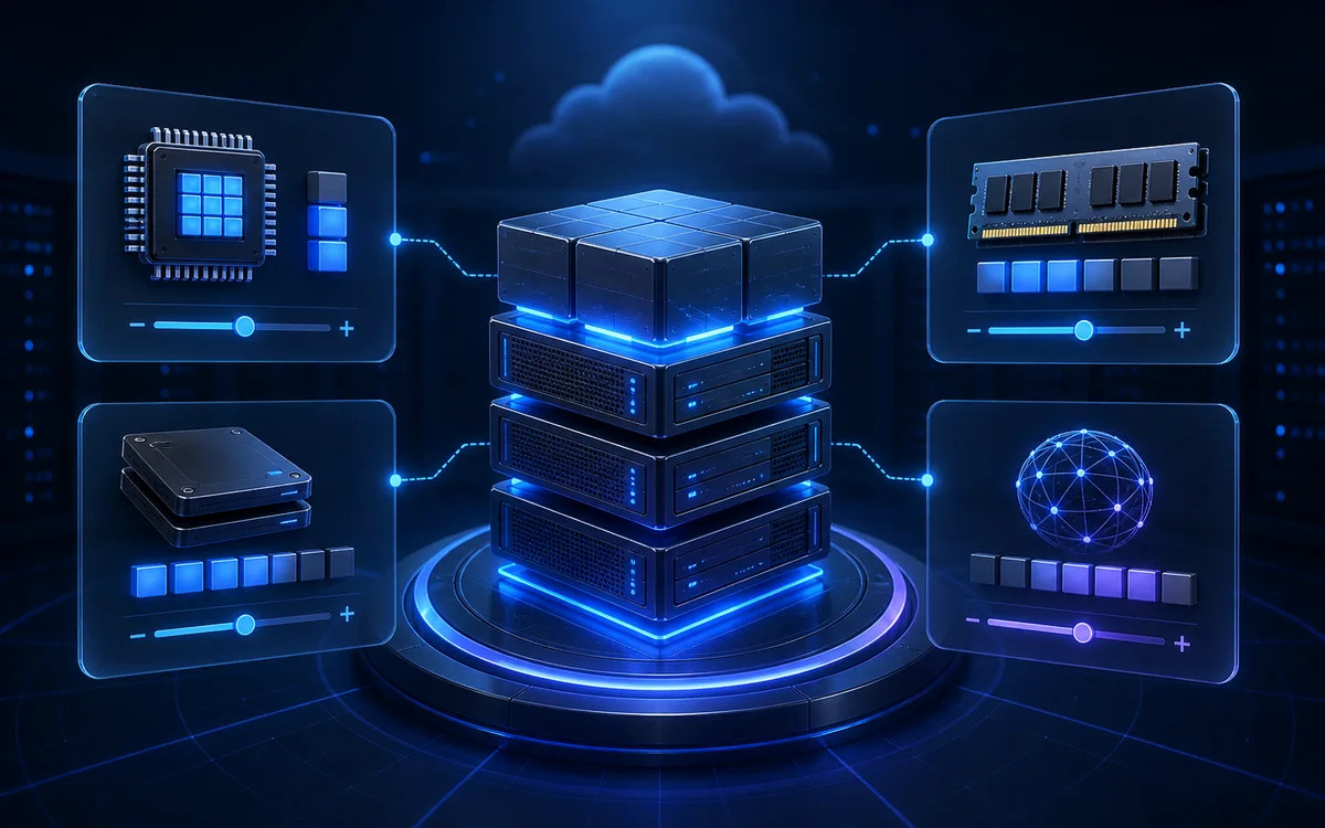 Modular cloud server resources for CPU, memory, storage, and network capacity