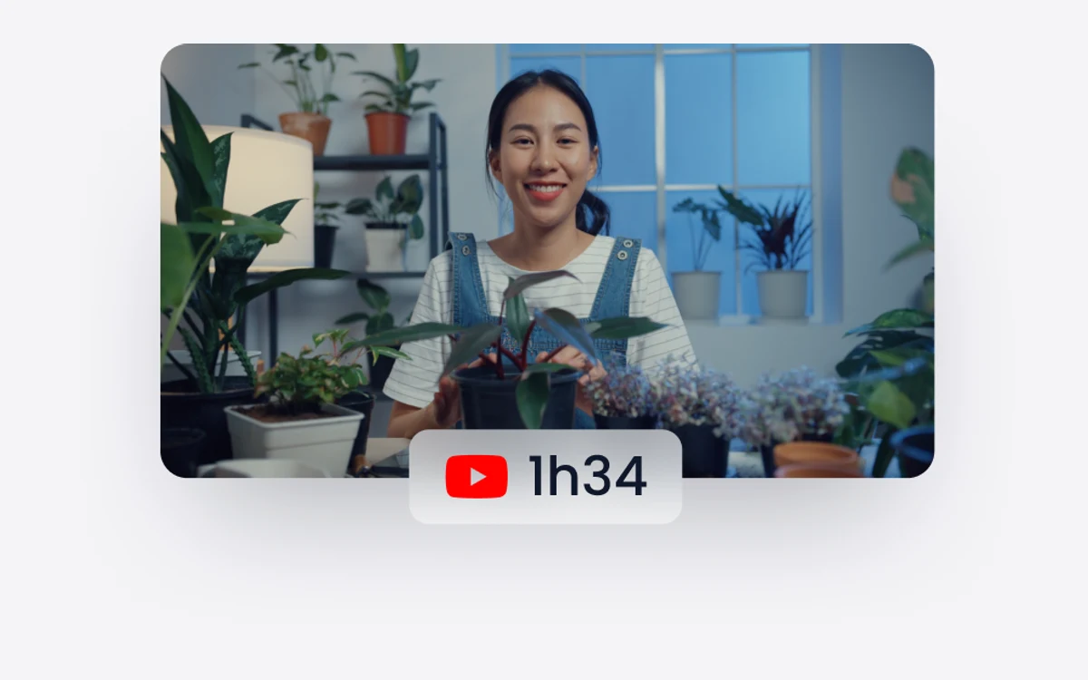 Wide 16:9 video of a presenter among houseplants with a YouTube 1h34 duration badge