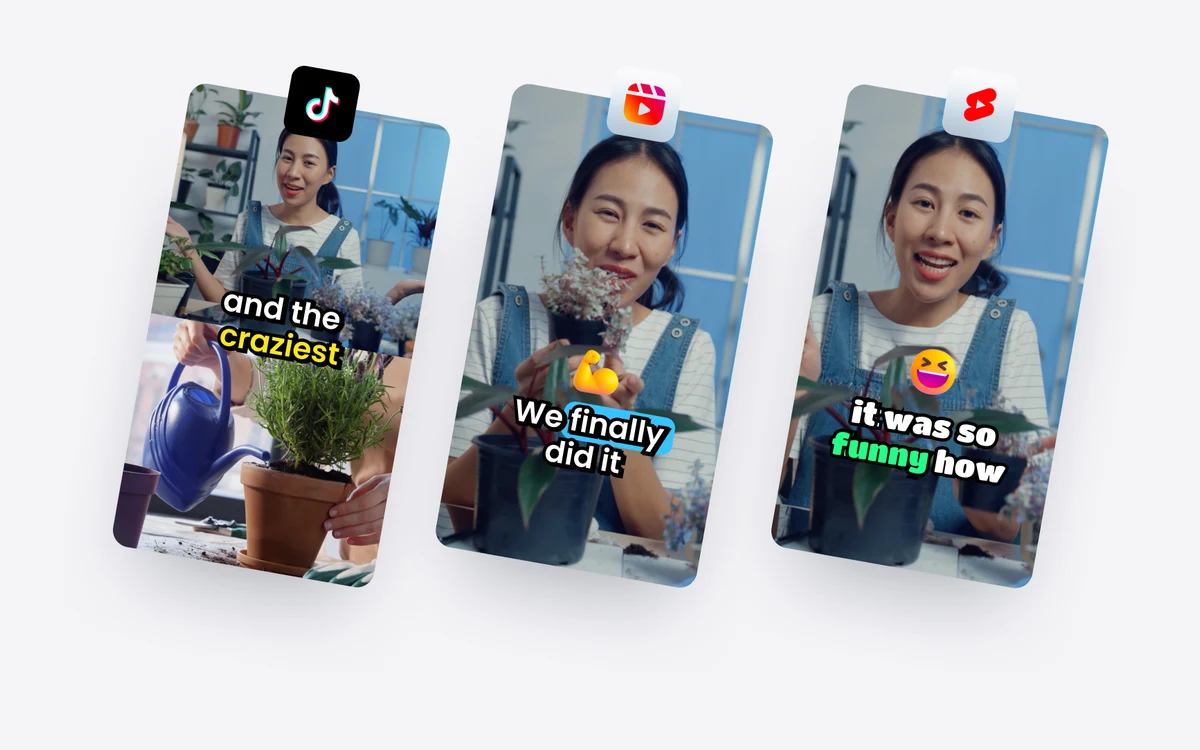 Three captioned vertical clips labeled for TikTok, Instagram Reels and YouTube Shorts
