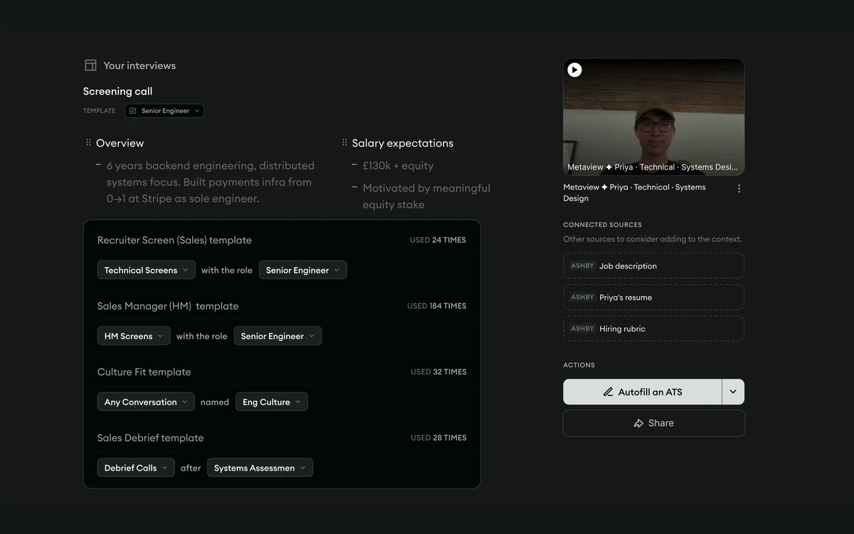 Metaview notetaker interface showing structured interview notes generated from a recruiting call