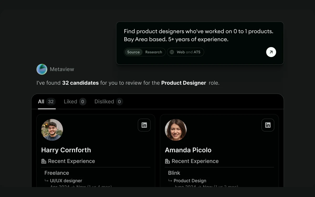 Metaview sourcing agent interface showing candidate profiles matched to a role